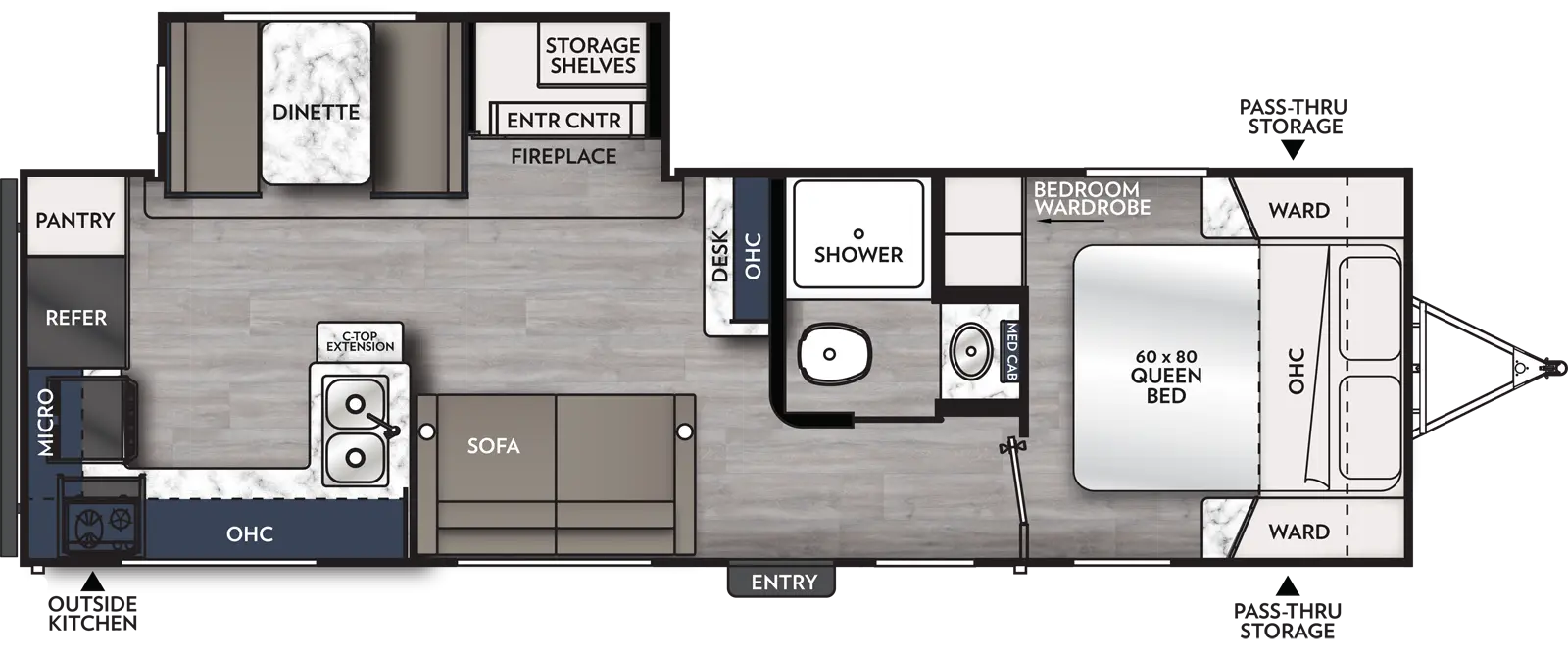 The 264RKS has 1 slide out on the off-door side and 1 entry door. Exterior features include a rear off-door side outside kitchen and front pass-through storage. Interior layout from front to back includes: front bedroom with foot-facing 60 x 80 Queen bed, opposing side wardrobes and overhead cabinet; off-door side bathroom with shower, toilet, sink and medicine cabinet; door-side sofa; rear-facing desk with overhead cabinet; off-door side slide out holding a dinette, entertainment center, fireplace and storage shelves; rear kitchen with L-shaped countertop, double basin sink in the peninsula, countertop extension, stovetop, overhead cabinets, overhead microwave, and refrigerator and pantry on the rear wall.